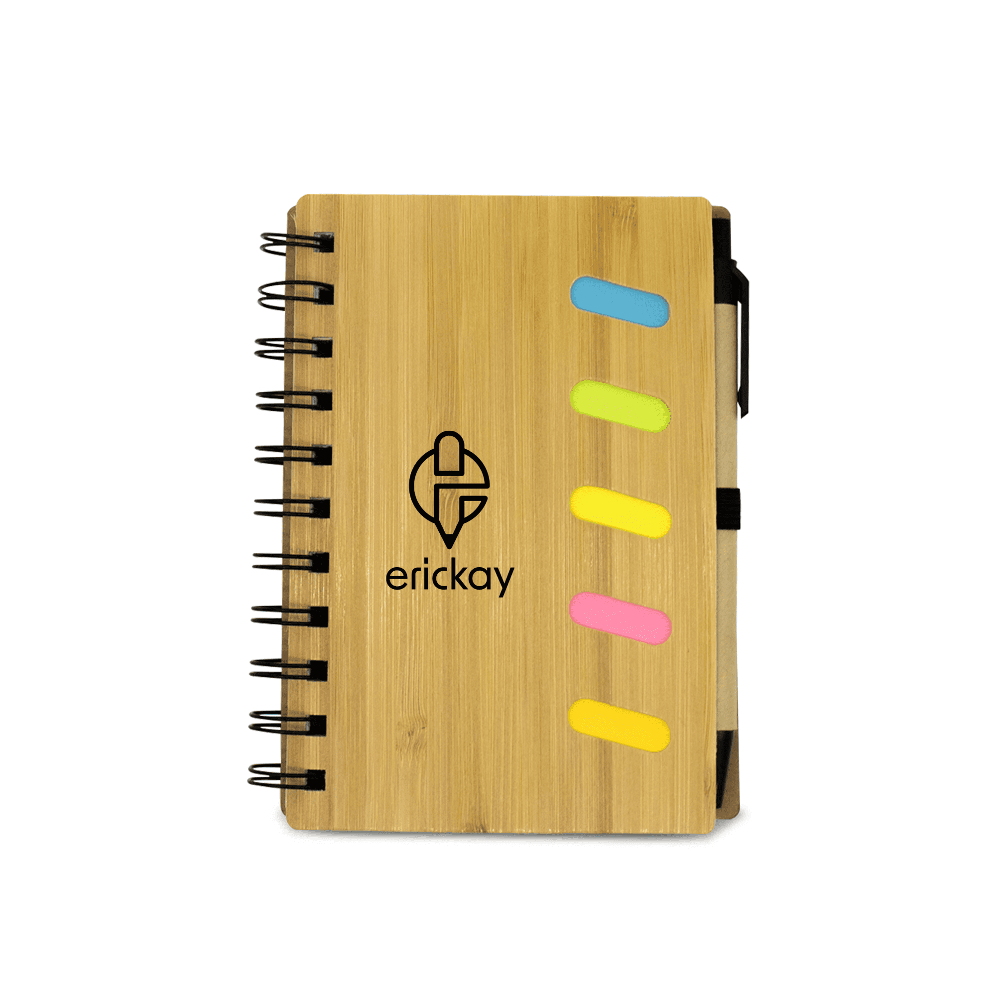 A bamboo notebook with a spiral binding, featuring colourful sticky tabs and a logo on the cover.
