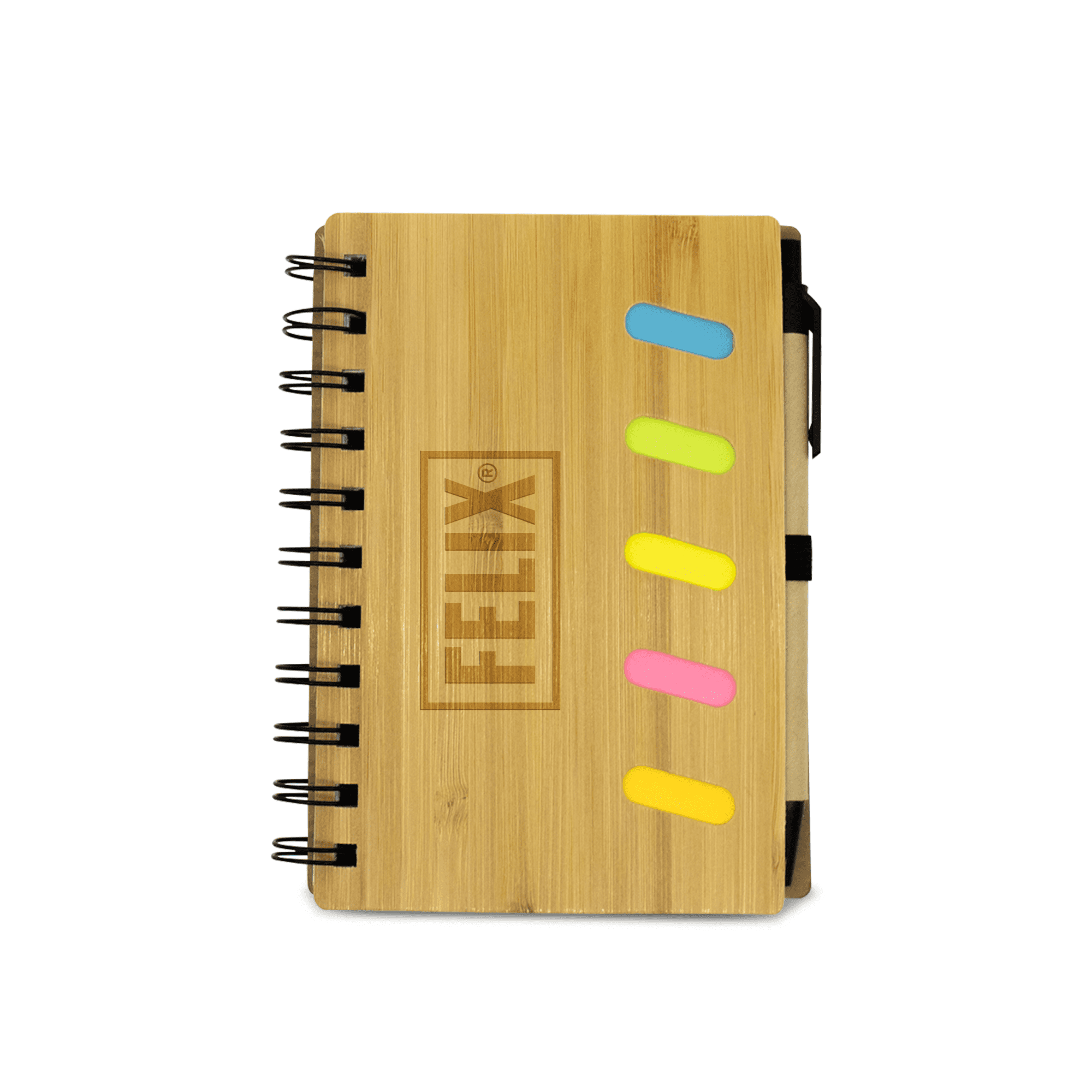 A bamboo notebook with a spiral binding, featuring a logo and colourful sticky tabs on the side.