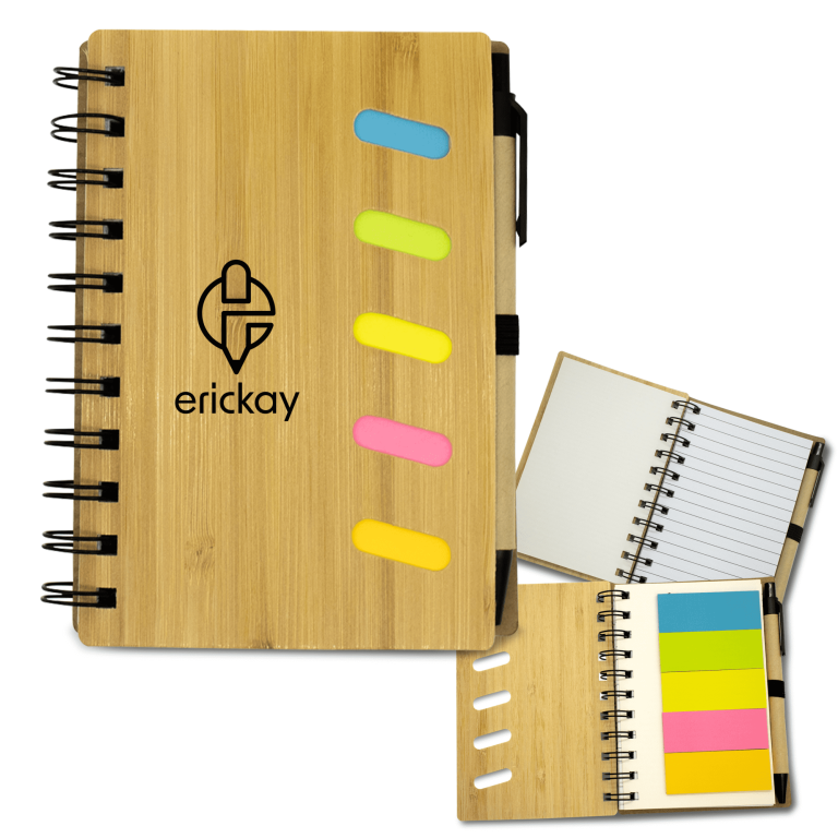 A bamboo notebook with a pen, featuring a logo, colourful sticky tabs, and blank and lined pages inside.