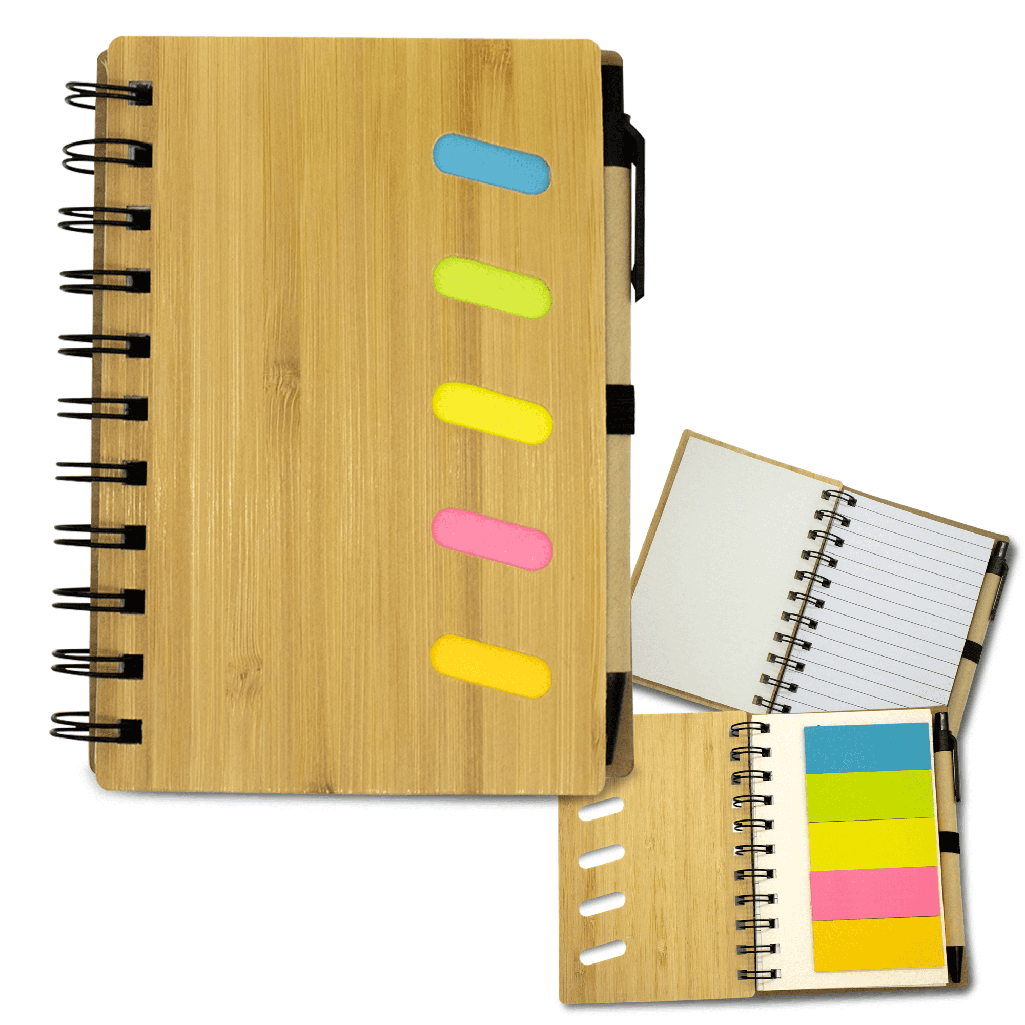 A bamboo notebook featuring a black spiral binding and colourful sticky notes, with blank and lined pages inside.
