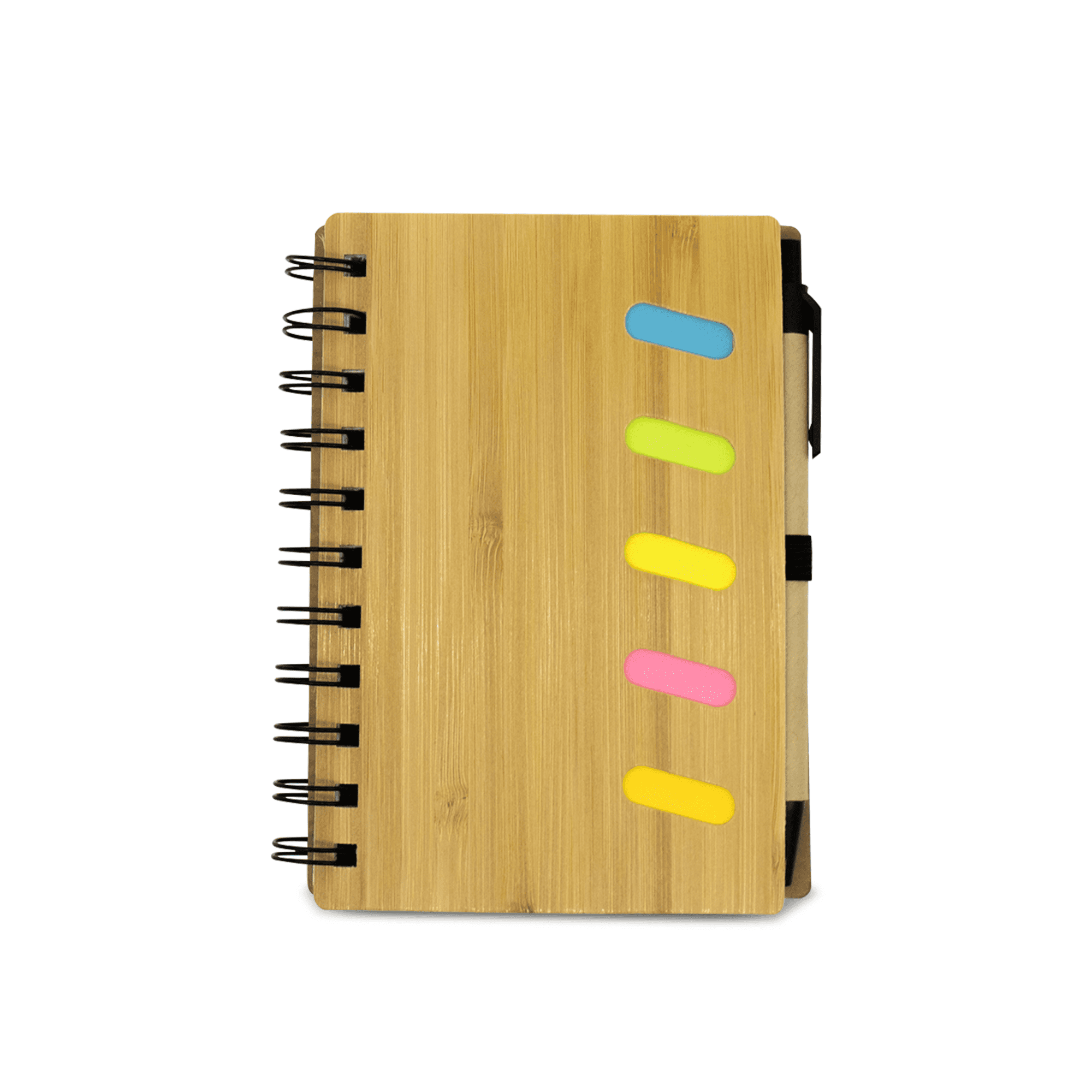 A bamboo notebook with black spiral binding and colourful sticky tabs on the cover. It features a logo.