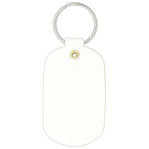 A white oval keychain featuring a metal ring and a simple design. It includes a small branding logo.