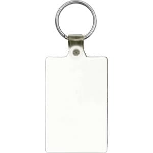 A rectangular keychain with a metal ring, featuring a plain, shiny surface.