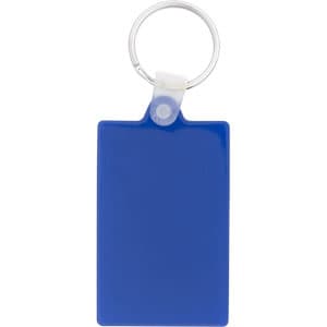 A blue rectangular keychain with a silver ring for attaching to keys or other items.