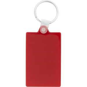 A red rectangle keychain featuring a metal ring for attachment.