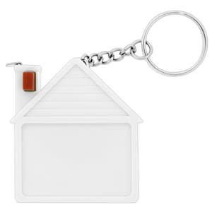 A white house-shaped tape measure with a keychain attachment. It features a small chimney detail.