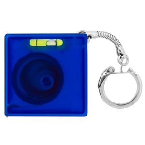 A blue tape measure with a built-in level, attached to a silver key chain.