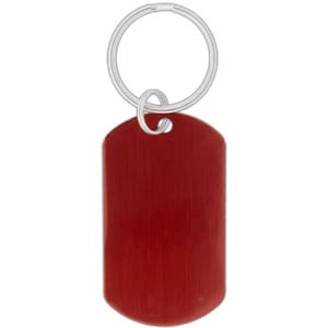 A red dog tag keychain featuring a metallic finish and a silver keyring attachment.