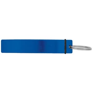 A drink bottle opener in a sleek blue colour, featuring a metal keyring attachment and a simple design.