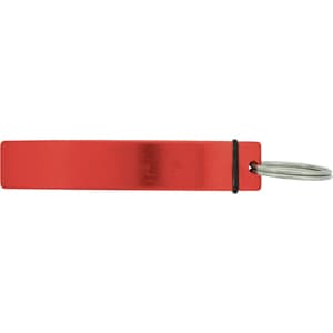 A drink bottle opener in red with a silver keyring attachment. It features a simple, flat design.