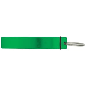 A drink bottle opener in a bright green colour, featuring a simple design with a keyring attachment.