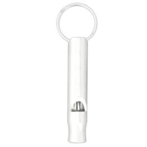 A white aluminium whistle keychain featuring a sleek design and a metal keyring attachment.