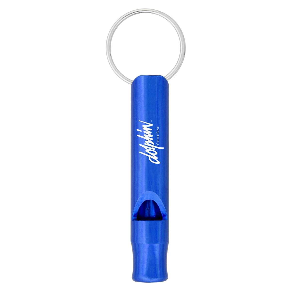A blue aluminium metal whistle keychain with a keyring attachment and a logo printed on it.