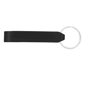 A drink bottle opener in black with a silver keyring attachment. It features a simple, sleek design.