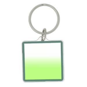 A square acrylic keychain featuring a logo on a red background with a ring for attachment.