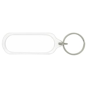 An oval acrylic keychain in an orange hue, featuring a silver keyring and a simple design.