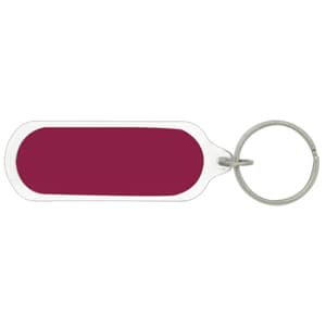 An oval acrylic keychain in orange with a metal ring and a logo.