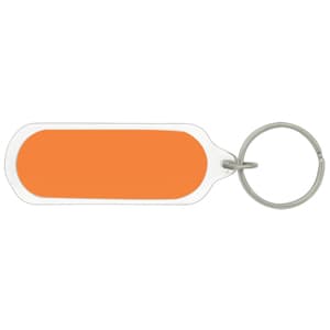 An oval acrylic keychain featuring a maroon background and a silver keyring, with a logo design.