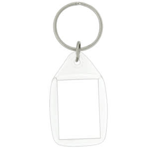 A tear drop acrylic keychain with a rectangular shape featuring a coloured design and a metal keyring.
