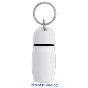 A white hotel keychain with a circular metal ring, featuring a sleek, rounded design and a black stripe.