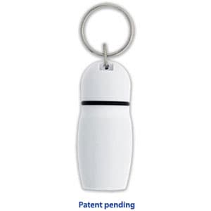 A white hotel keychain with a rounded design and silver keyring. It features a simple, sleek look.