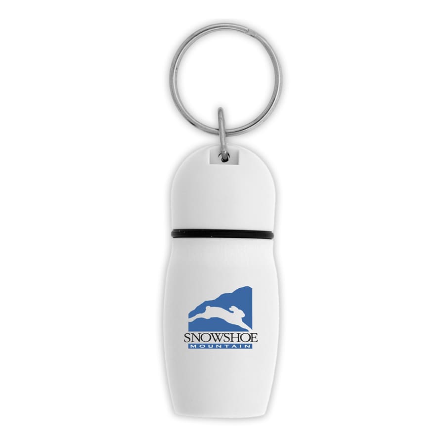 A white hotel keychain in the shape of a drink bottle with a keyring. It features a blue logo.