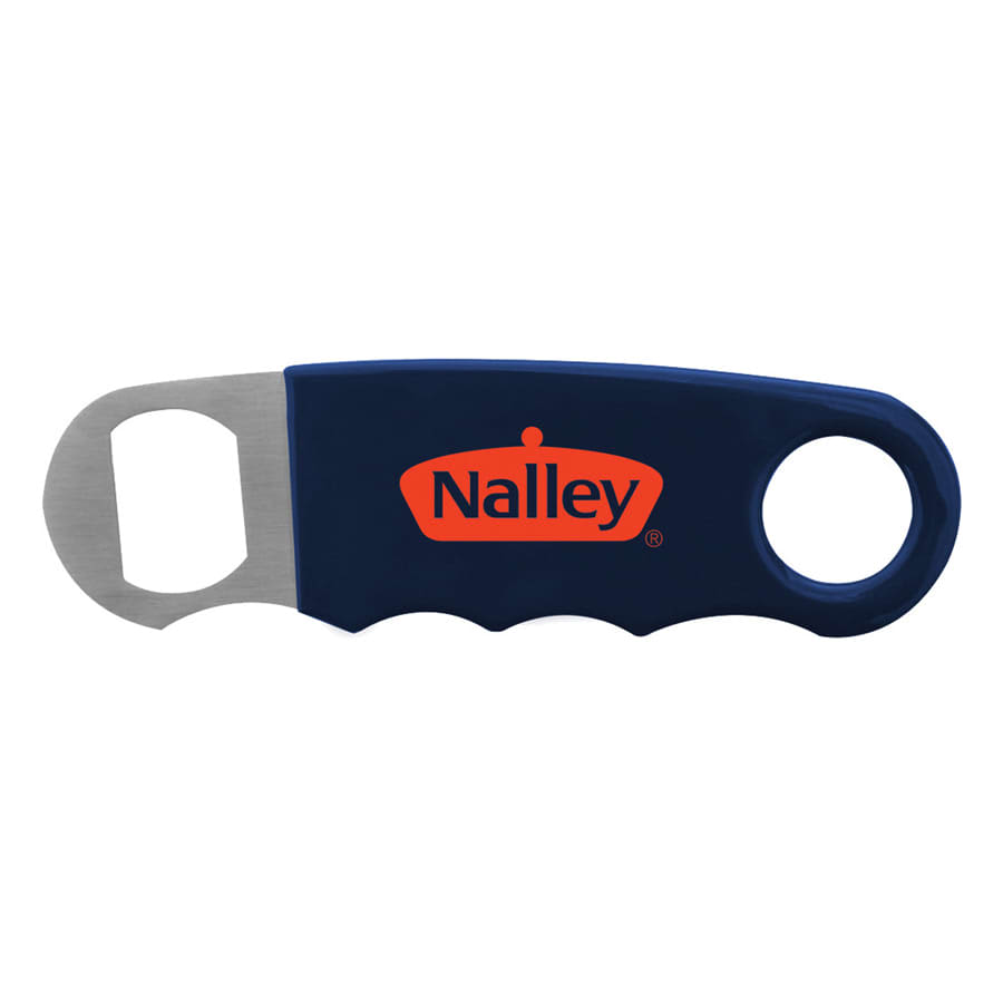 A drink bottle opener in navy blue with a stainless steel opening lever and a logo on one side.