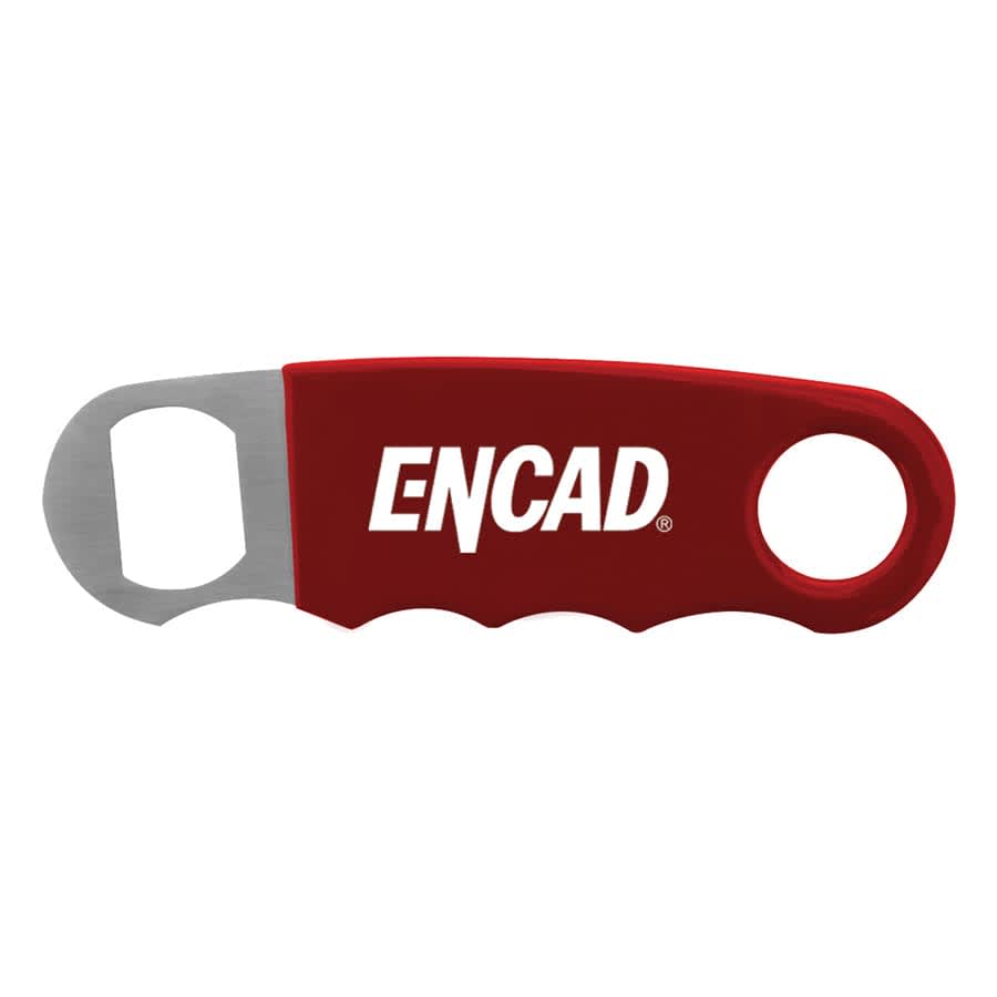 A drink bottle opener in red with a silver metal opener and a branding logo.