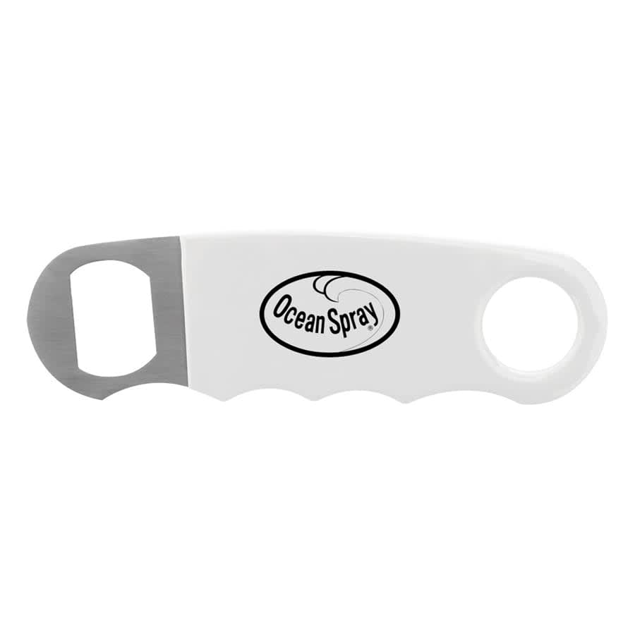 A drink bottle opener in white with a stainless steel opener and a circular hole for attachment, featuring a logo.
