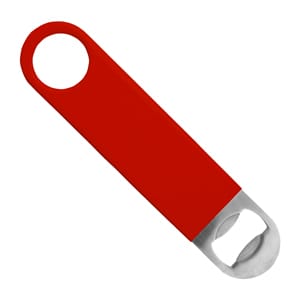 A drink bottle opener in red with a stainless steel end. The design features a logo.