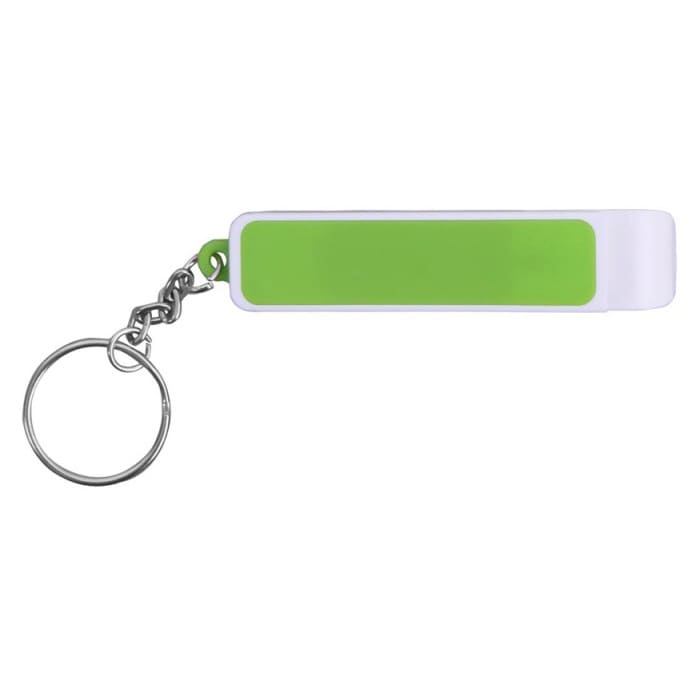 A drink bottle opener in white and green, featuring a keychain attachment and a blank area for branding.