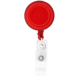 A round red badge holder with a retractable strap and a clear plastic clip.