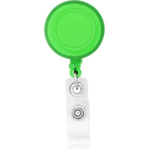 A bright green round badge holder with a transparent strap and a metal clip attached.