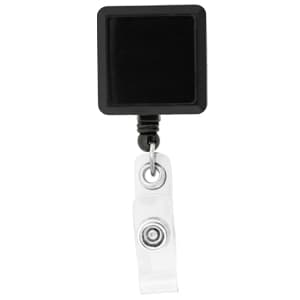 A black rectangle badge holder with a clear retractable clip. The design is simple and functional.