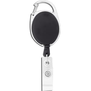 A black retractable badge holder with a metal carabiner and a silver clip for attachment. Features a logo.