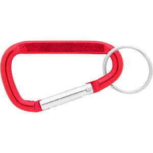 A red 60mm carabiner with a silver keyring attachment, featuring a simple design and a branding logo.