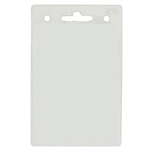 A clear badge holder measuring 82mm W x 130mm H, featuring a top slot for attachment.