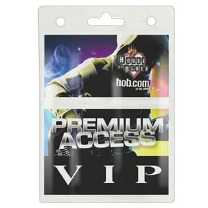 A clear plastic badge holder, featuring a logo and vibrant graphics in multiple colours. Ideal for ID display.