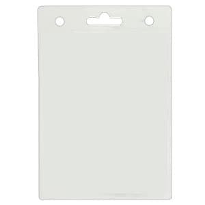 A clear plastic badge holder with two top holes for attachment, measuring 110mm W x 160mm H.