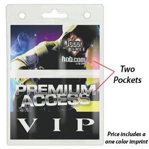 A clear badge holder with two pockets, featuring a top slot for a lanyard, suitable for displaying cards or badges.