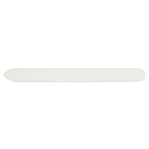 A glass nail file in a sleek, clear design, featuring a smooth, elongated shape.