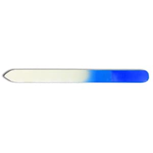 A glass nail file featuring a gradient design in blue and white, with a smooth, tapered edge.
