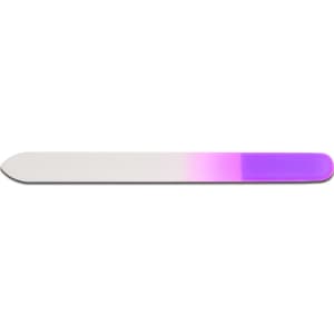 A glass nail file with a smooth white surface and a gradient purple handle. Features a branding logo.