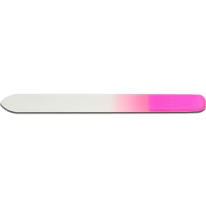 A glass nail file with a gradient from white to pink, featuring a smooth edge and a branding logo.