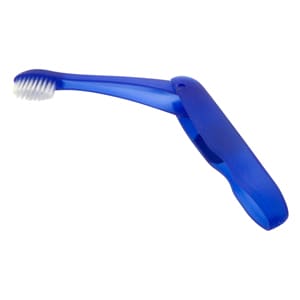 A folding travel toothbrush in blue, featuring a compact design with a white bristle head. It has a logo on the handle.