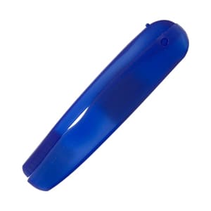 A blue folding travel toothbrush with a sleek design and a compact size, featuring a logo.