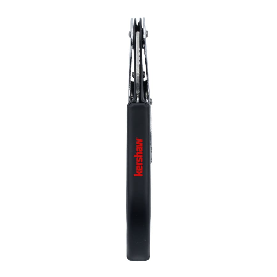 A drink bottle opener with a sleek black handle and a silver metal opener, featuring a visible logo.