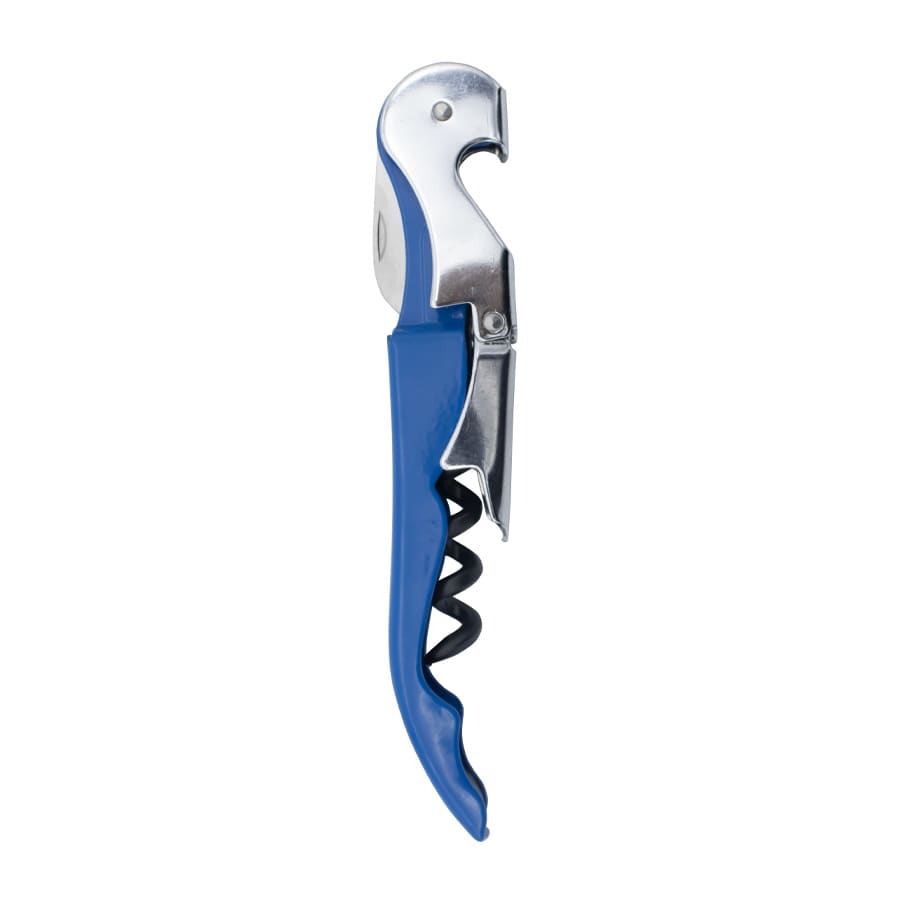 A drink bottle opener with a silver and blue design, featuring a corkscrew and a lever. It has a logo.