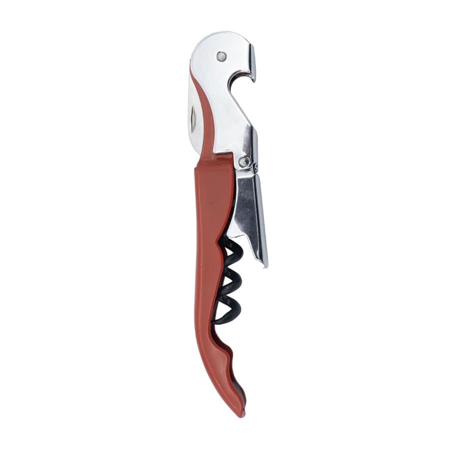 A drink bottle opener in red and silver, featuring a corkscrew mechanism and a branding logo.