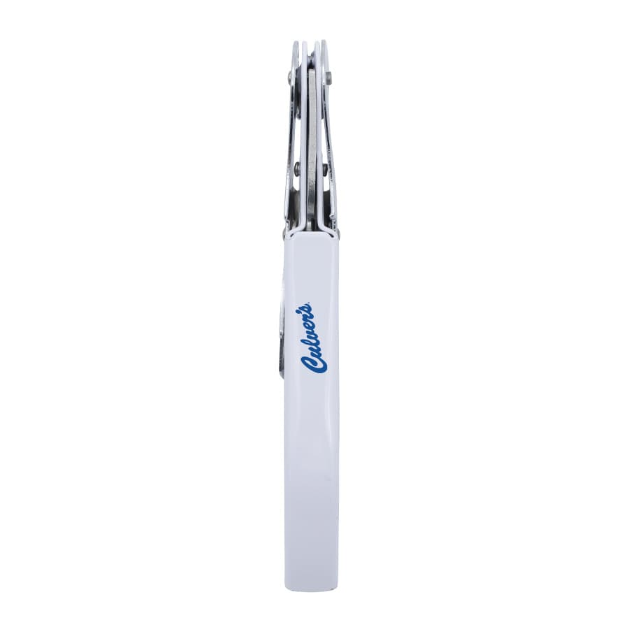 A drink bottle opener in white with silver detailing and a logo on the side, designed for keyring attachment.